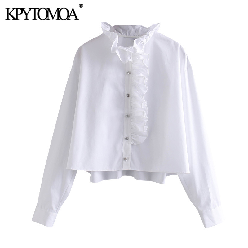 Vintage Sweet Jewelled Buttons Ruffles Blouses Women Fashion High Collar Long Sleeve Female Shirts Blusas Chic Tops 210225
