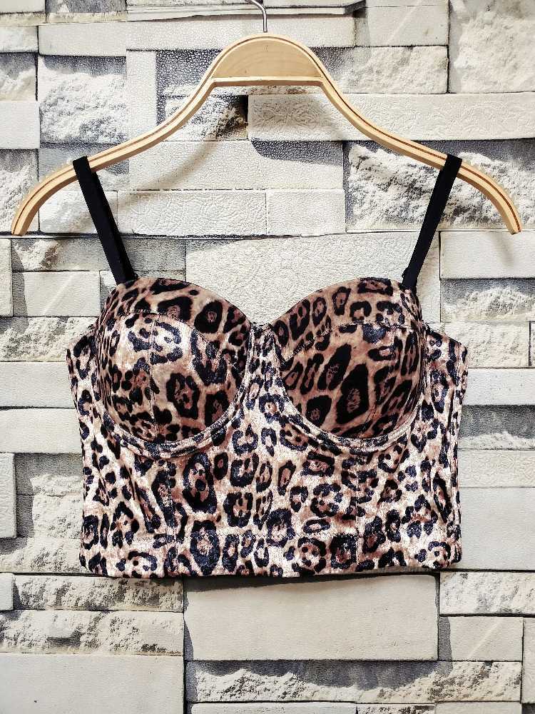 Women Sexy Leopard Print Velvet Short Bustier Crop Tops Outside Wearing Sleeveless High Waist Corset Camis K487 210527