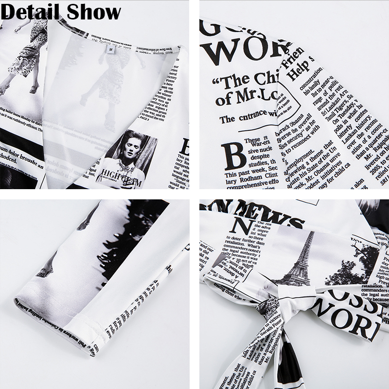 Rapwriter Fashion Newspaper Print Cross Deep V-Neck Lace-Up Women's Blouse Streetwear Crop Top Long Sleeve Retro Sexy Shirt 210225