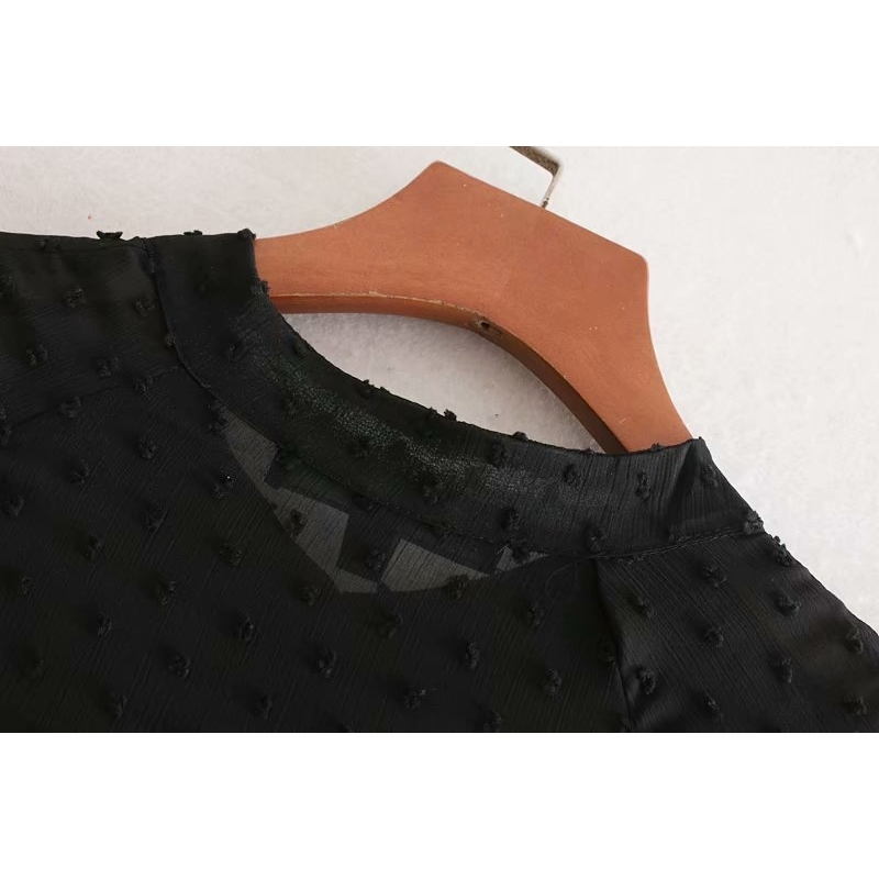 women's black chiffon dress half sleeve stand-collar long polka dot transparent see-through sexy party 210623