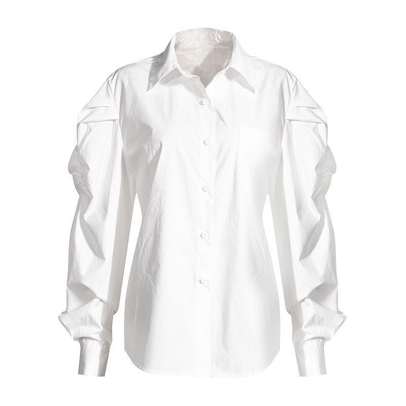 GetSpring Women Blouse Cotton White Shirt Retro Puff Sleeve Women Shirt With Irregular Denim Vest Loose Vintage Blouse Autumn 210225
