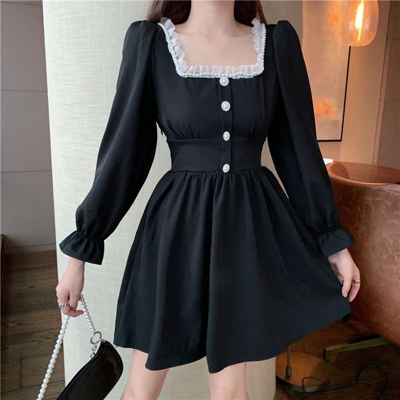 Japanese Autumn Women Mini Lolita Dress Square Collar With Lace Pink Plaid Beading Dress Flare Sleeve Cute Kawaii Feminine Dress 210309