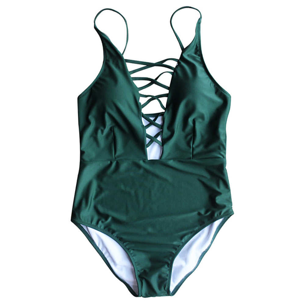 Women Sexy Crisscross Plunge Swimwear Backless Monokini Swimsuit Bandage Bathing Suits Beachwear Swim Wear 210611