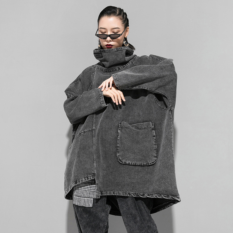 [EAM] Loose Fit Black Denim Oversized Sweatshirt New High Collar Long Sleeve Women Big Size Fashion Spring Autumn 1K166 201106