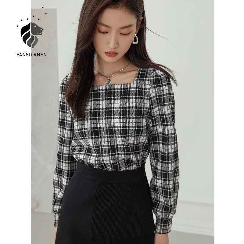 FANSILANEN Vintage plaid blouse shirt Women long sleeve office lady sexy top Female square collar casual streetwear black 210607
FANSILANEN Vintage plaid blouse shirt Women long sleeve office lady sexy top Female square collar casual streetwear black 210607