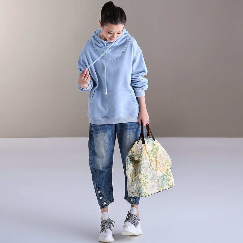 MICOCO R2222 Korean version loosefitting joker age reduction fresh light blue texture drawstring hoodie short style hoodie T200723