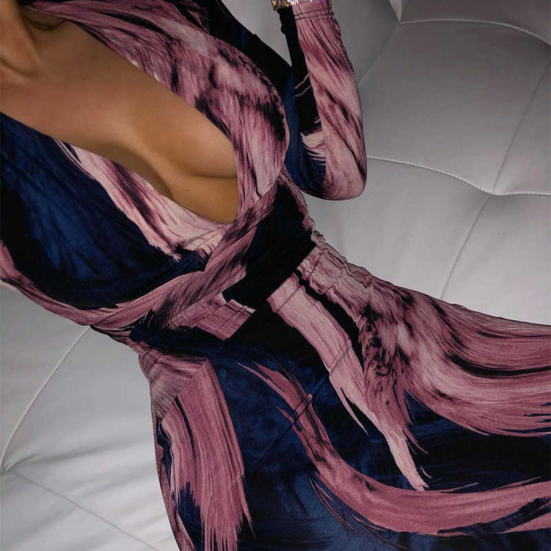 Colysmo Colorful Print Autumn Party Dress Deep V Neck Long Sleeve Sexy Women Sashes Bodycon es Nightclub Slim Clothes 210527
