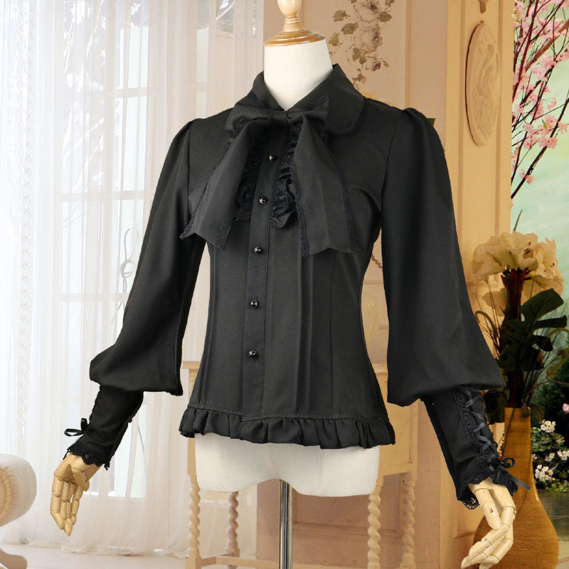 Dress Shirt Steampunk Victorian Costume Women Vintage Slim Fit Chiffon Blouse Lolita Bow Tie Lantern Sleeves Top Braid For Lady 210225