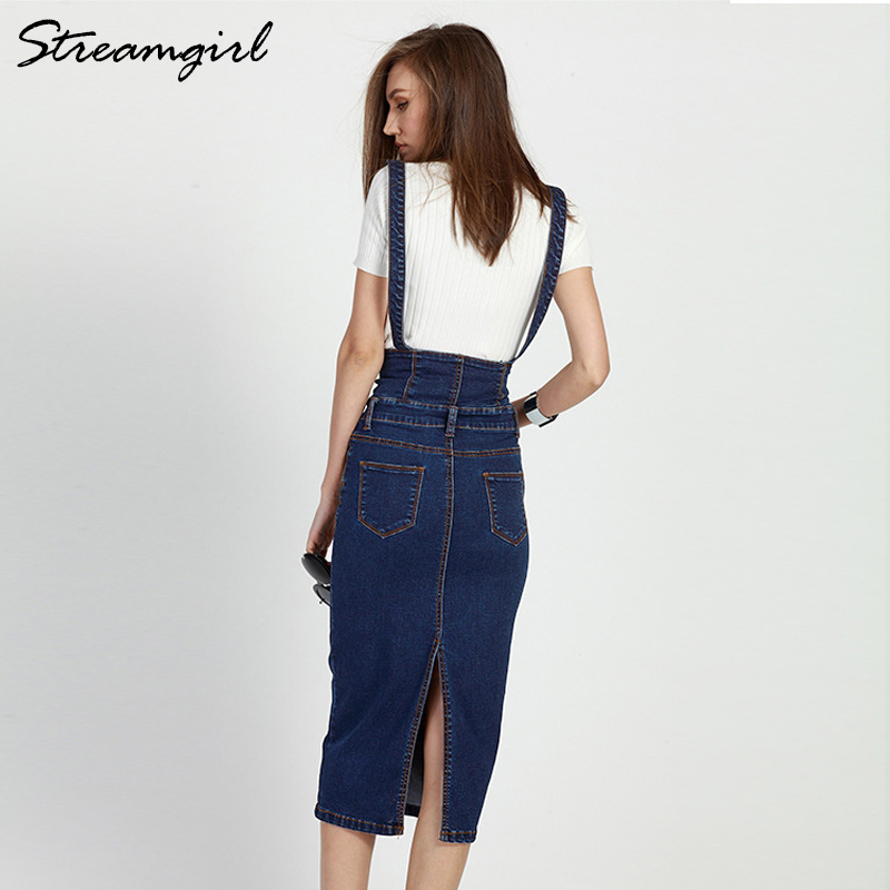 Streamgirl Long Denim Skirt With Straps Women Button Jeans Skirts Plus Size Long High Waist Pencil Skirt Denim Skirts Womens 210306