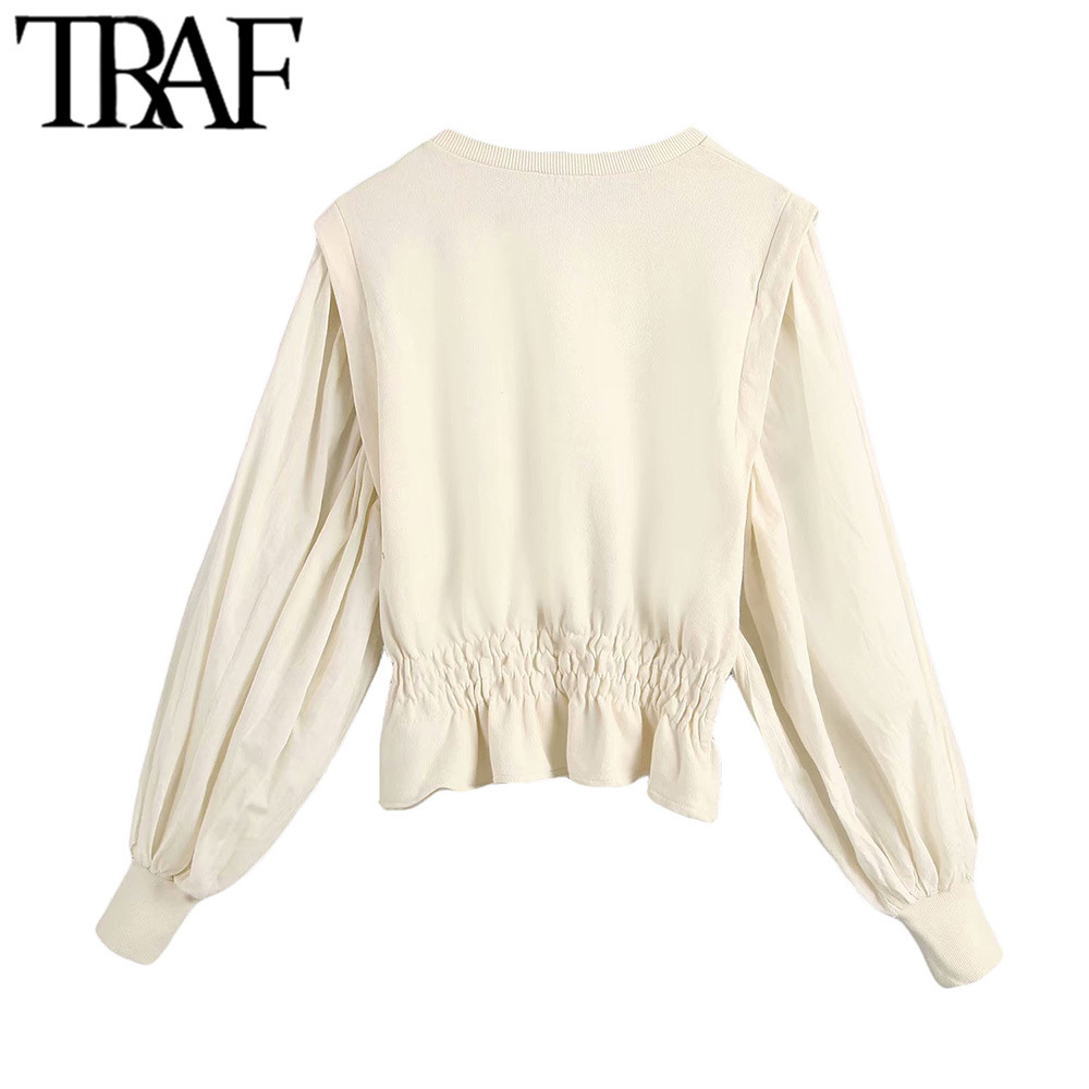 TRAF Women Vintage Stylish Solid Short Style Sweatshirt Fashion O Neck Long Puff Sleeve Elastic Waist Cozy Pullovers Chic Tops T200904