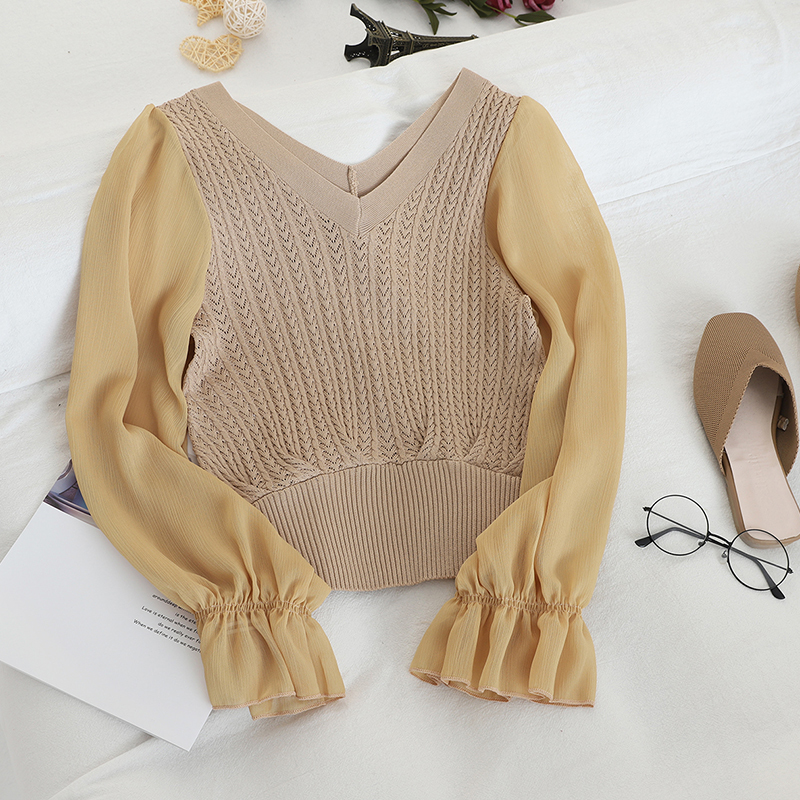 HELIAR Solid V Neck Chiffon Shirts Trim Peplum Full Sleeve Elastic Ladies Spring Female Top and Blouse For Women Blouse 210225