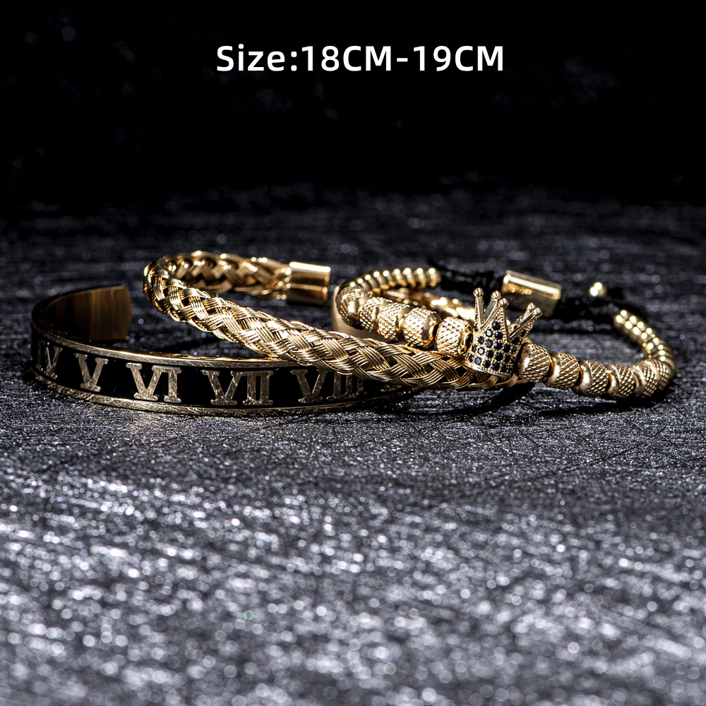 3pcs/set Charm Jewelry Luxury Crown Handmade Men Enamel Roman Numeral Bangles Hemp Rope Buckle Open Stainless Steel Micro Pave CZ