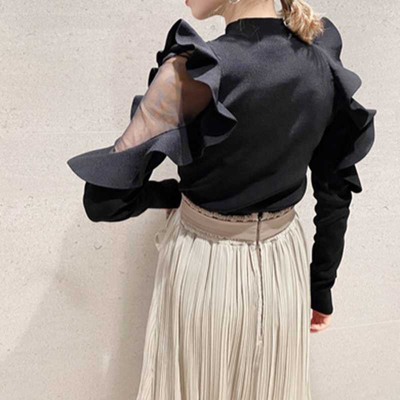 Elegant Chic Ruffles Patchwork Flying Sleeve Slim Fit Pullovers O Neck Voile Knit Sweater Women Spring Casual Tops 210525