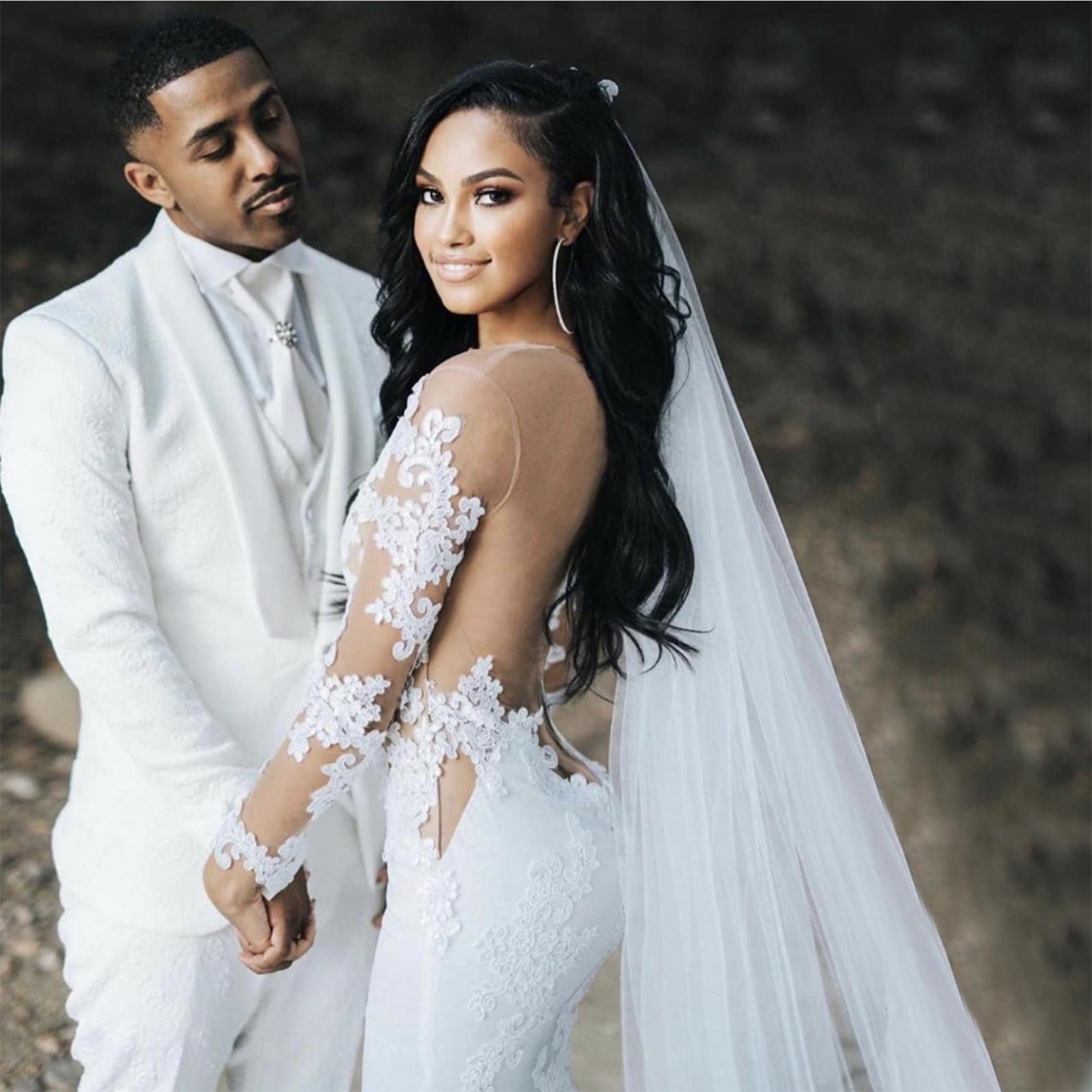 Sexy Sheer Backless Mermaid Wedding Dresses Bridal Gowns Lace Long Sleeves Appliqued White Boho Country Bride Dress Sweep Train 2021 robe de mariée Fr