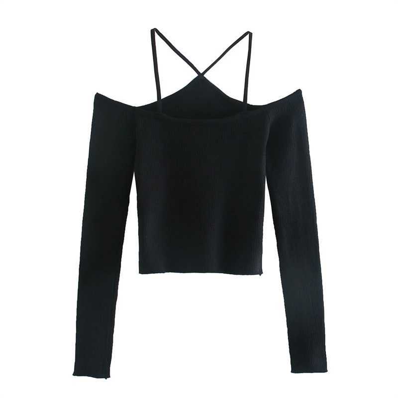 TRAF Women Fashion Strapless Long Sleeve Halter Knit Top Hollow Sweater Streetwear 211011Z