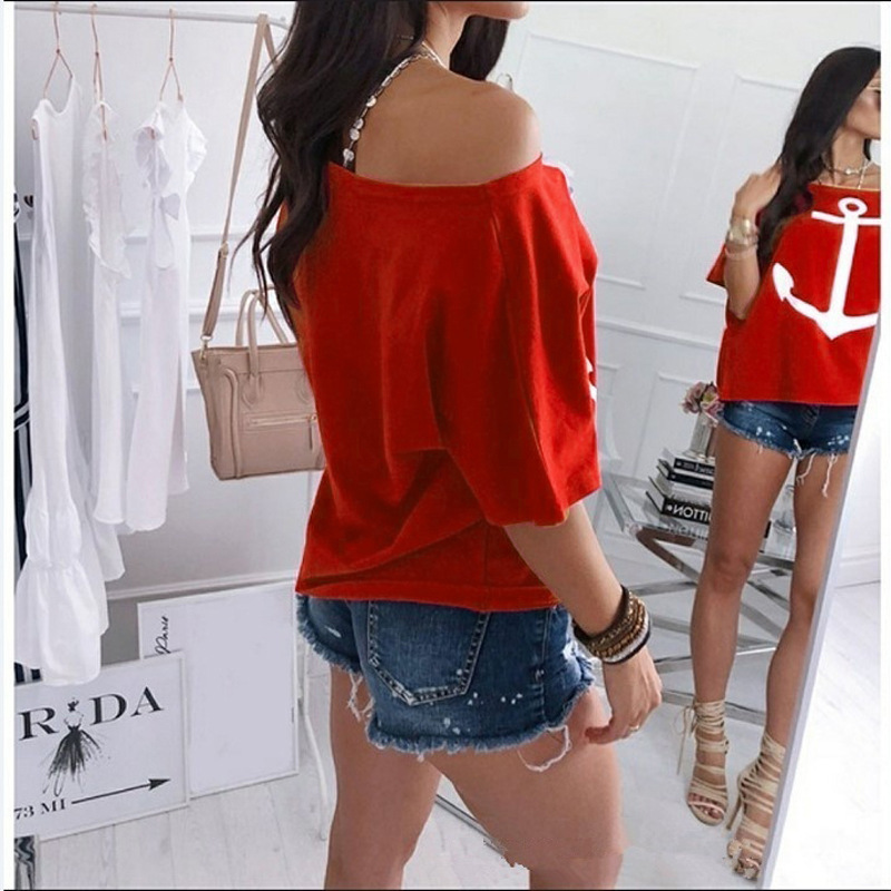 Women's T-Shirt Tops Tees 2022 spot new hot style loose one-shoulder bat shirt printed women