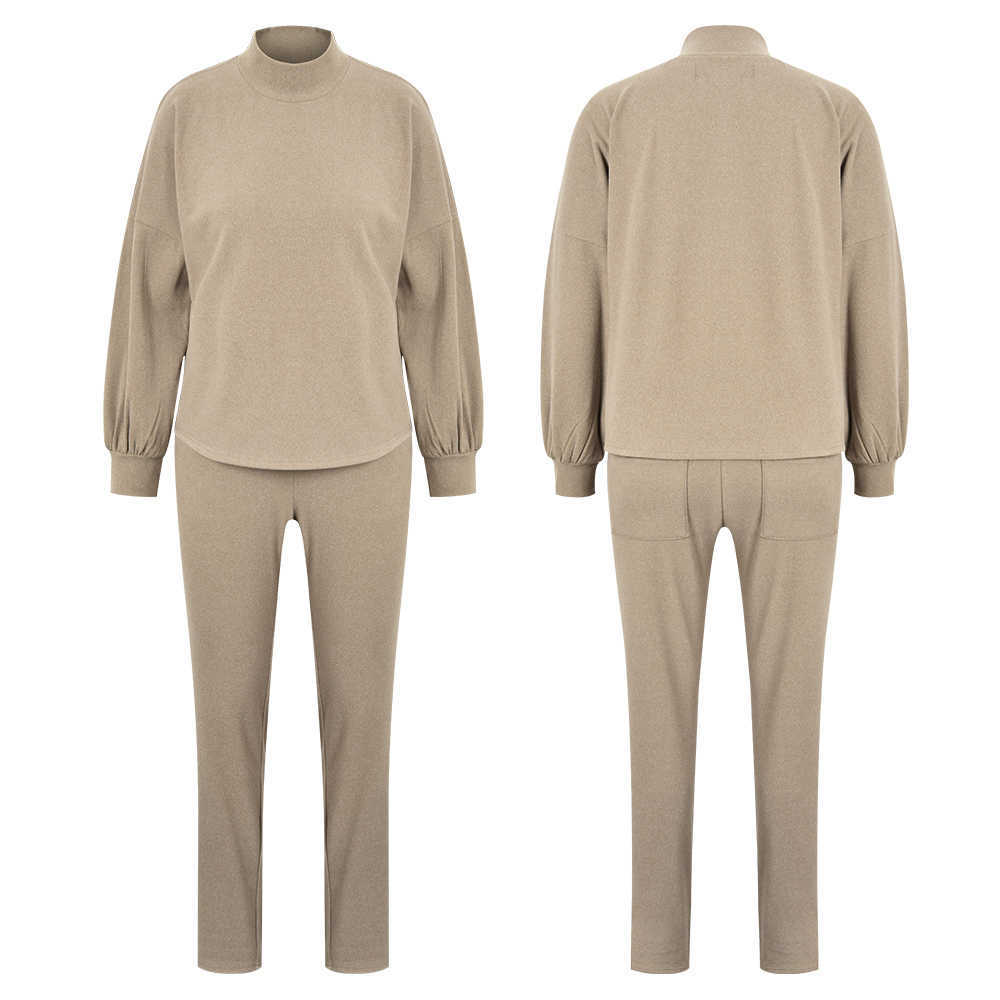 Tracksuit Women Autumn Winter Solid Color Clothing Set Fashion Turtleneck Warm Sweatshirt and Lace-up Pants Two Piece Set D30 Y0625