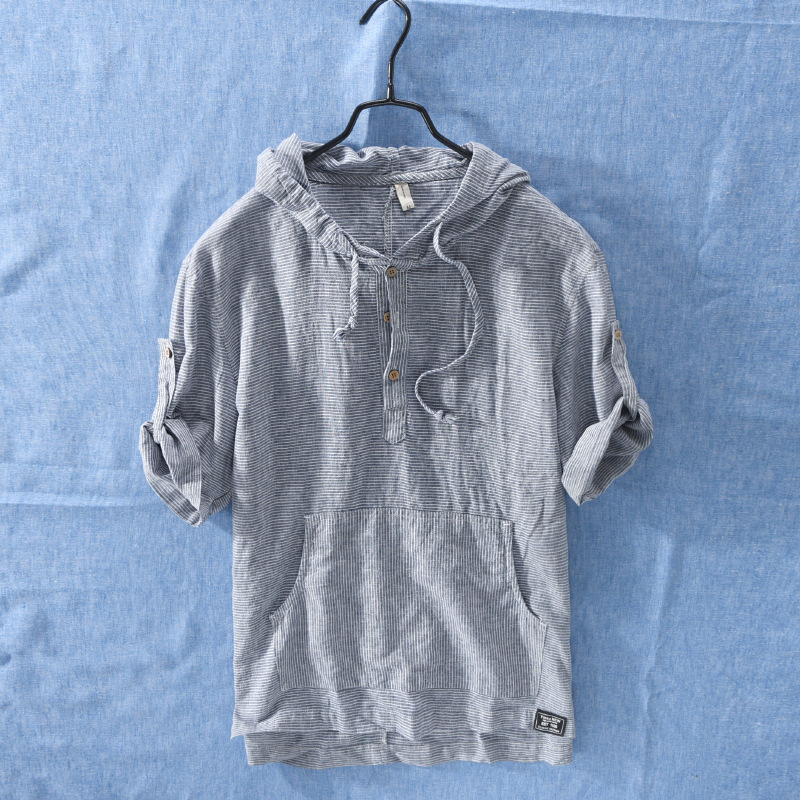 Summer Fashion Men Shirts Hooded Collar Half Sleeve Shirts Men Linen Cotton Fabric Japanese Style Casual Tee Shirt camisa hombre T200505