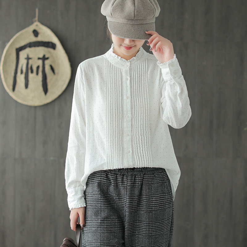 Lamtrip Color Point Double-Layer Cotton Yarn Ruffled Collar Shirt Blouse Mori Girl Spring 210225
