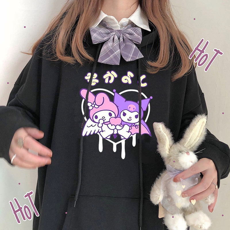 Harajuku cartoon cotton hoodie cute funny print long sleeve Kuromi hoodie top autumn street wear O-neck sweet girl hoodie 201127