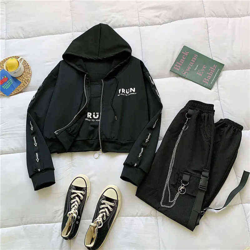 Spring Chain Cargo Pants Female 2 piece Hooded Sweatshirt+Joggers Women Letter Printed Black Set Wemon 211115