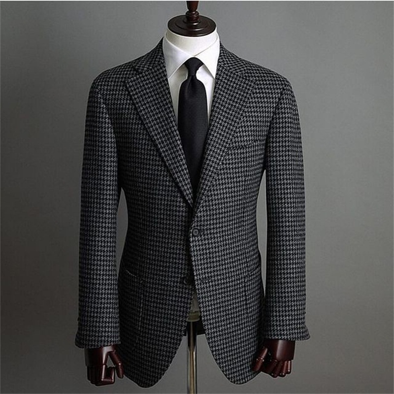 Houndstooth Men Suits Grey Custom Made Men Jacket Handsome Double Breasted Tuxedos Peaked Lapel Blazer Foamal Business Coat