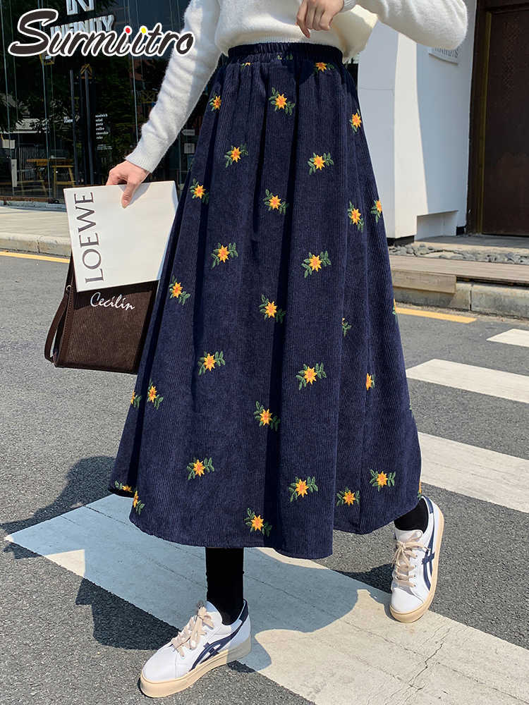 SURMIITRO Corduroy Midi Long Skirt Women Autumn Winter Korean Floral Embroidery Mid-Length High Waist A Line Skirt Female 211119