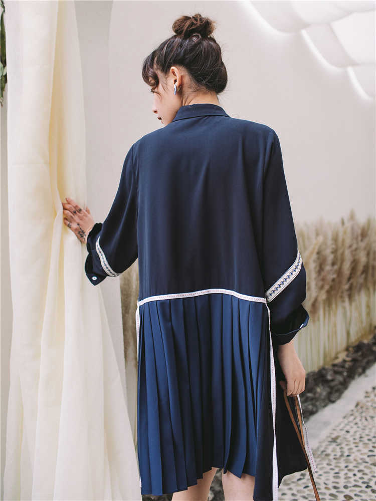Spring and Summer Cotton Casual Shirts Splice England Style Pleated Patchwork Draped Dress Elegant Women 210615