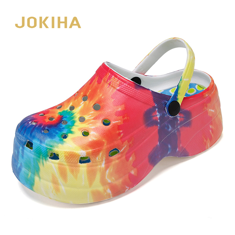 

JOKIHA Platform Clogs Women Rainbow Print Height Increasing Fashion 5 CM High Heel Mule Garden Clogs Women's Sandals J2023