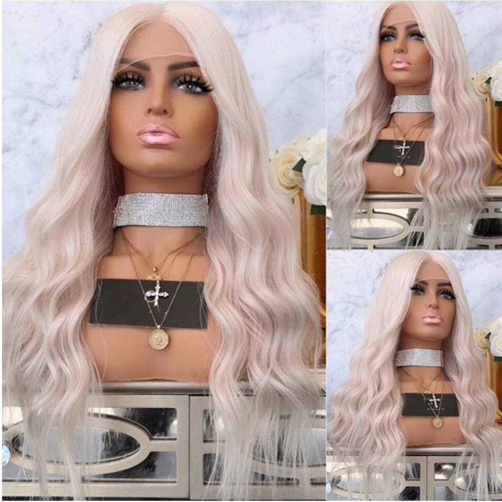 Free shipping Platinum Blonde Synthetic Lace Front Wig Long Wavy Cosplay Hair Heat Resistant Fiber Glueless Daily Wigs For Women 24 Inches