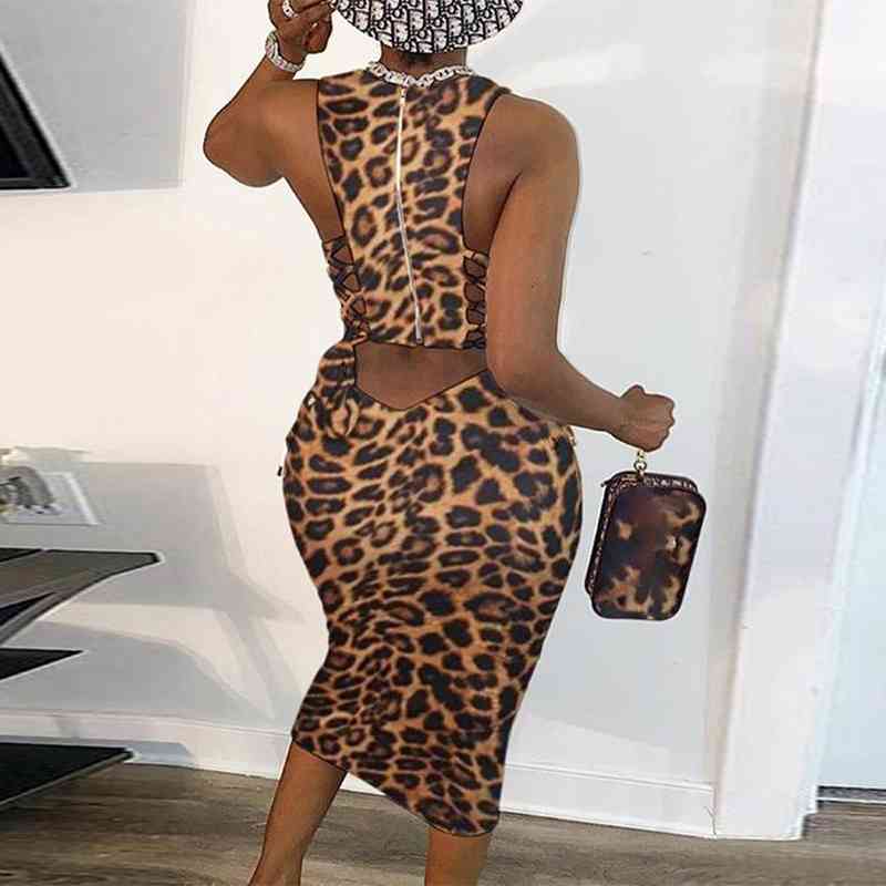 Sleeveless Leopard Bodycon Midi Dress Sexy Evening Party Club Dress 210702