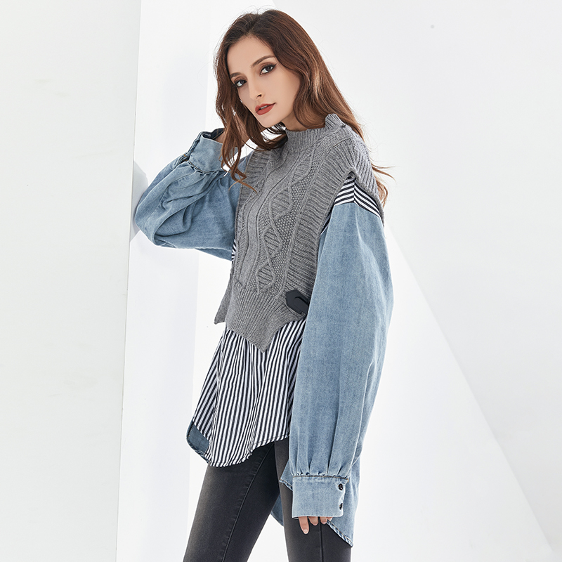 TWOTWINSTYLE Patchwork Striped Blouses For Women O Neck Long Sleeve Casual Oversized Knitted Shirts Female Autumn Clothing 210225