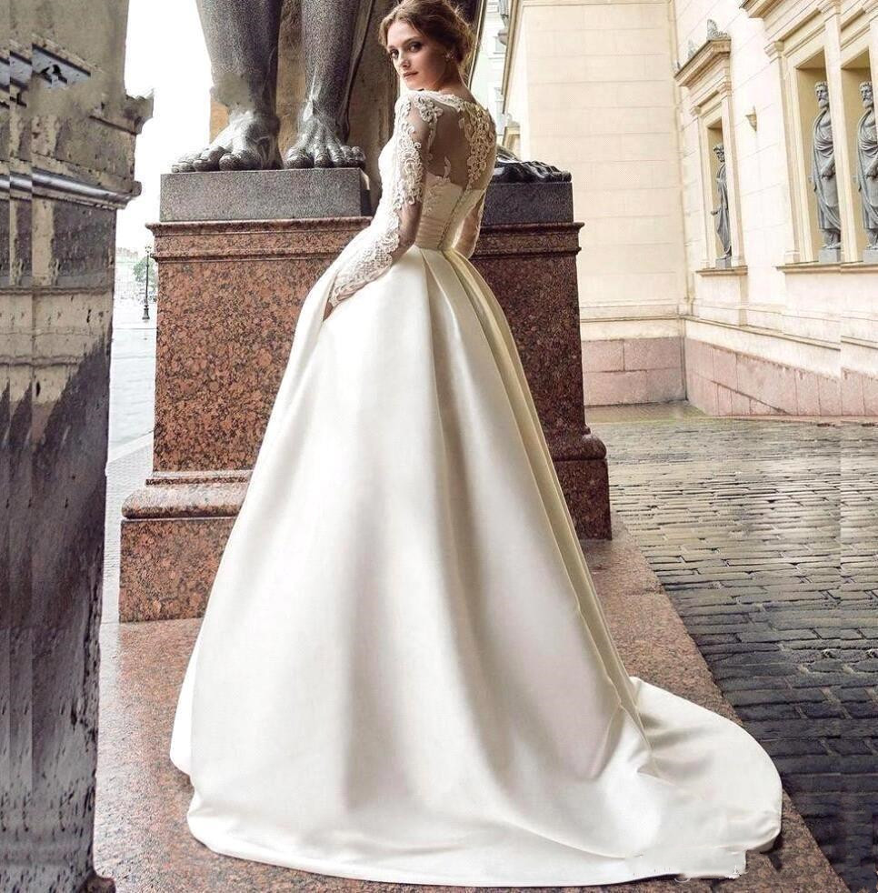 Newest Elegant White A Line Wedding Dresses with Pockets Satin Appliqued Long Sleeve Bridal Gowns Customized Formal Long Robe De Mariee