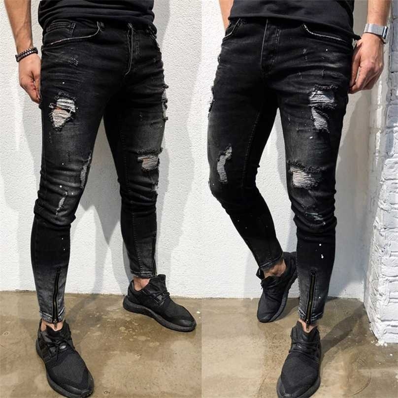 Trendy Men's Street Allmatch Jeans Mens Skinny Stretch Denim Pants Distressed Ripped Freyed Slim Fit Trousersg30 211111