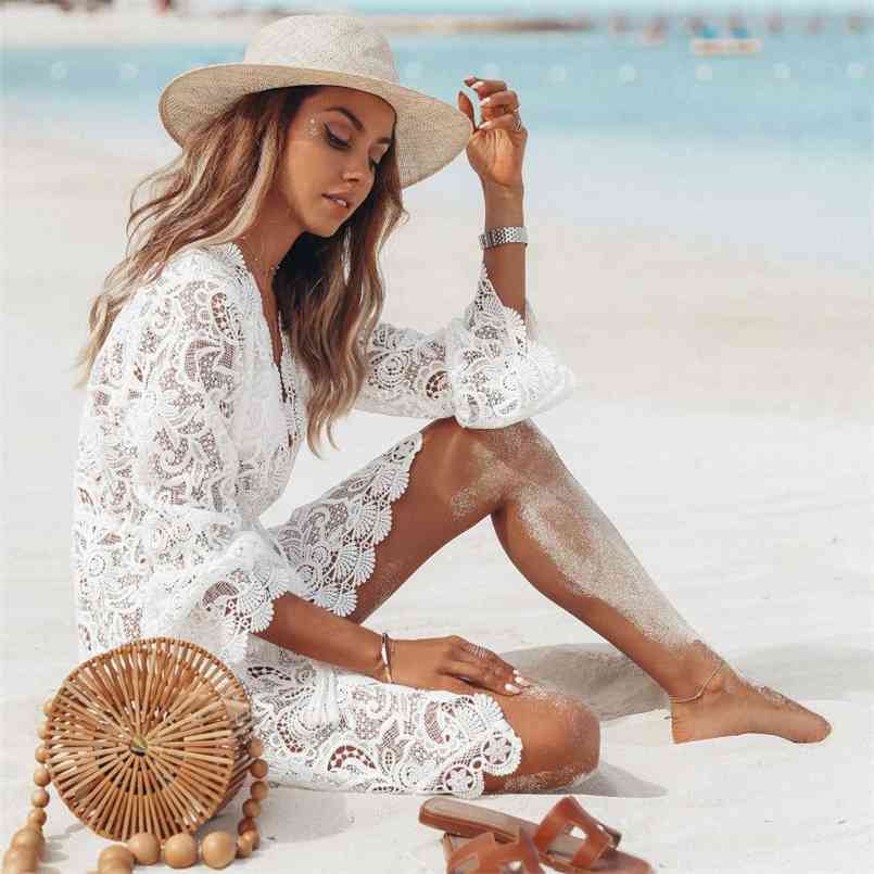Women Lace Beach Cover up Elegant long Sleeve Mesh Transparent Beachwear Playa Dress Ladies tunic kaftan Bikini 210722, White
Women Lace Beach Cover up Elegant long Sleeve Mesh Transparent Beachwear Playa Dress Ladies tunic kaftan Bikini 210722, White