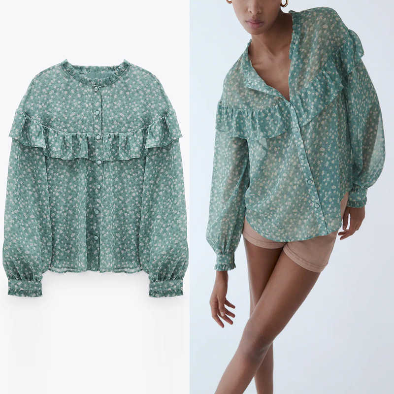 Za Ruffle Print Chiffon Blouse Women Fashion O-neck Long Sleeve Transparent Shirts Woman Front Button Vintage Top 210602, Green
Za Ruffle Print Chiffon Blouse Women Fashion O-neck Long Sleeve Transparent Shirts Woman Front Button Vintage Top 210602, Green