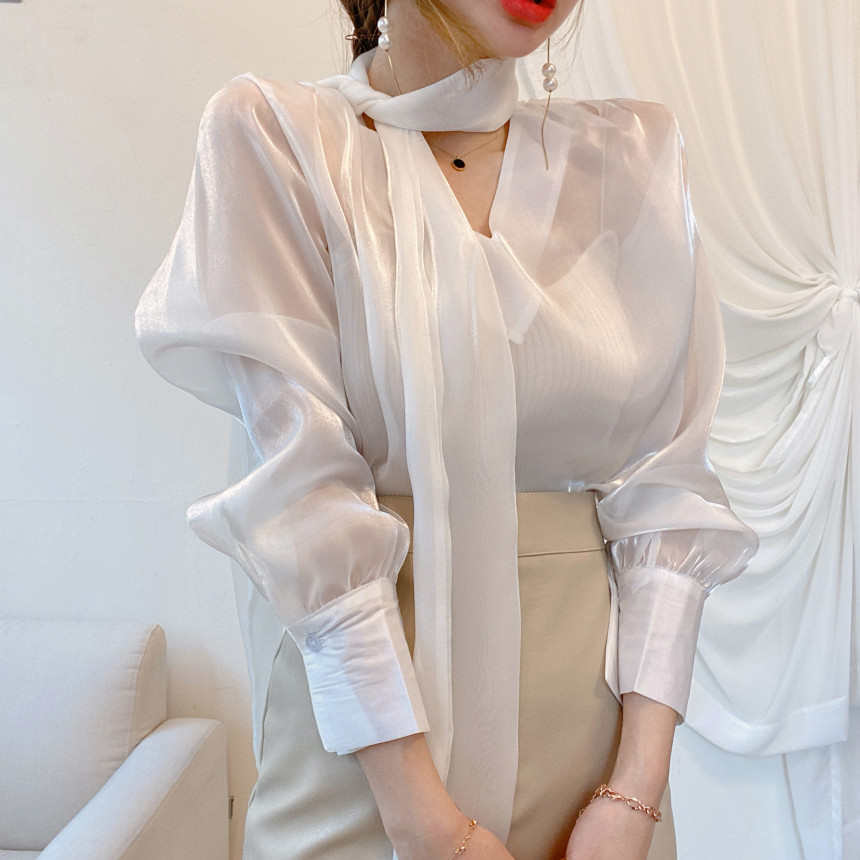 New design womens glossy fabric long sleeve korean fashion blouse shirt