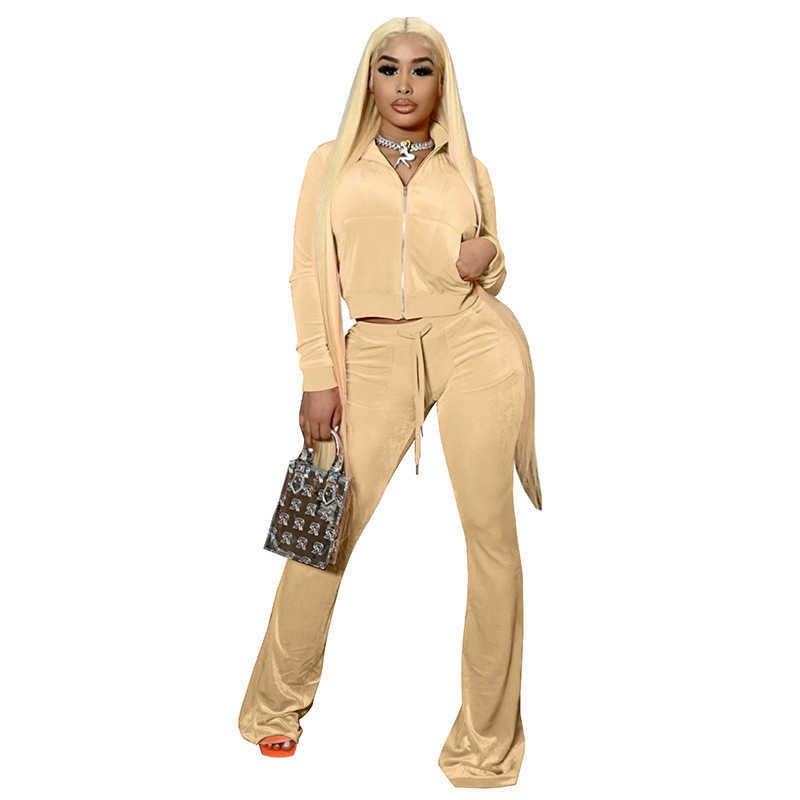Designers Women Clothes 2023 fashion cashmere suit solid color exposed navel long sleeve flared pants sports two-piece set