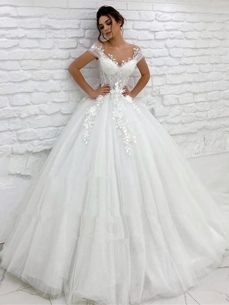 Elegant Ivory Tulle Wedding Dresses Princess A Line Bridal Gowns Sheer Neck Cap Short Sleeves Lace Floral Appliques Bride Dress Back Buttons Robe De M