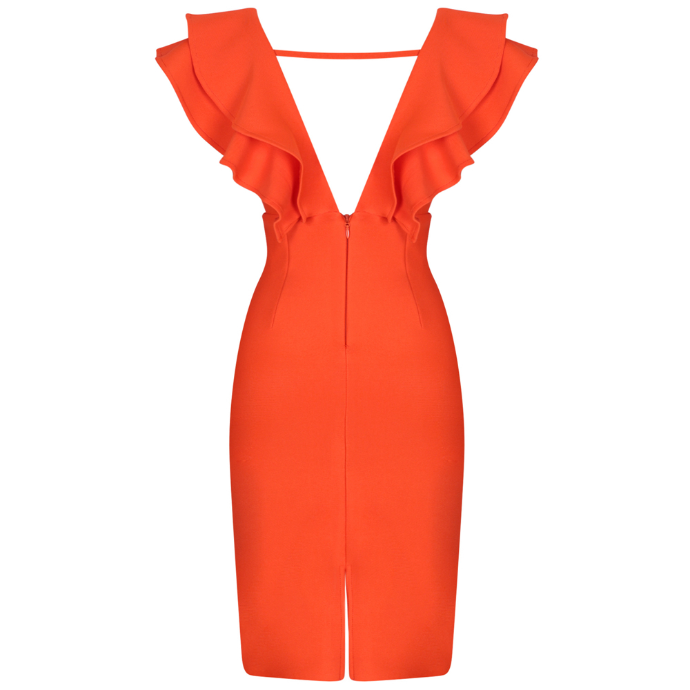 Ocstrade Sexy Bandage Dress Women Orange Deep v Neck Ruffles Elegant Bandage Dresses Bodycon Backless Club Party Dress 210303