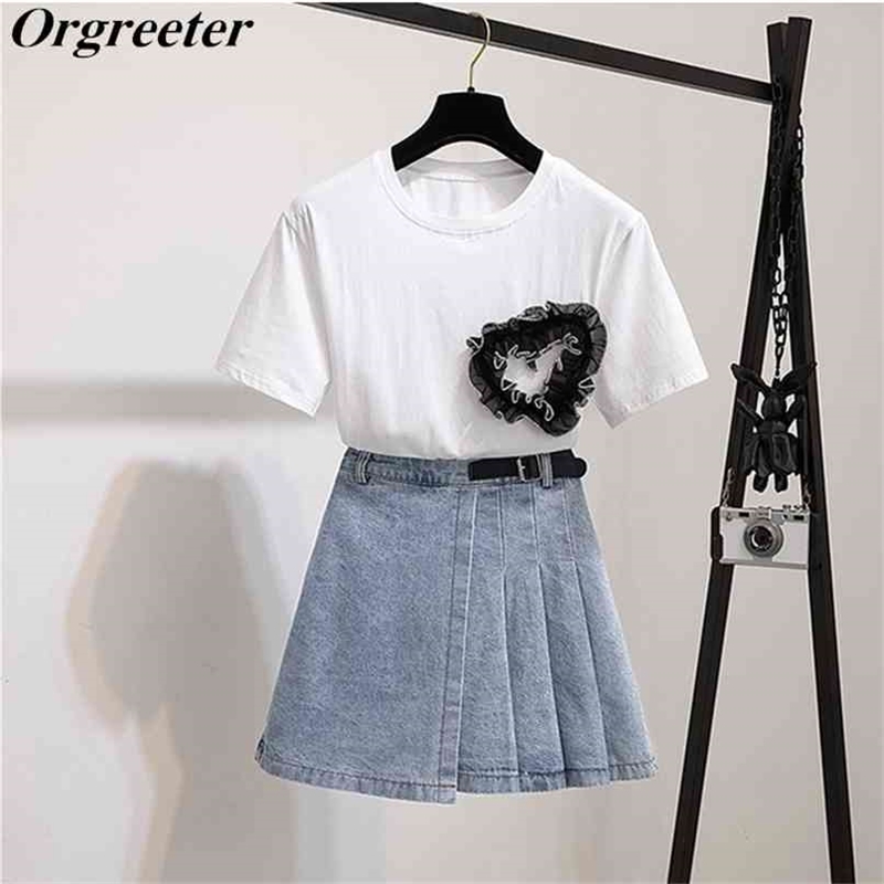 Summer Korean Fashion Lace Appliques Love Cotton Tshirt and Denim Pleated Skirt Two-piece Set Women 210602, Only black tshirt
Summer Korean Fashion Lace Appliques Love Cotton Tshirt and Denim Pleated Skirt Two-piece Set Women 210602, Only black tshirt