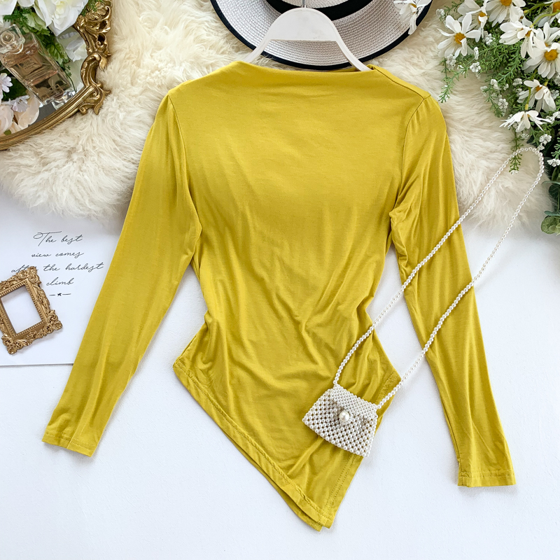 Women's Autumn New Crowd Fold Thin Irregular Tops Ins Long Sleeve Solid Color Casual Tee J763 210302