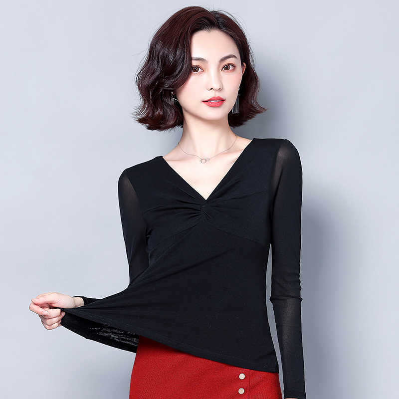 Korean Women Blouses Woman Elastic Mesh Blouse Tops V-neck Basic Plus Size Autumn Ladies Solid Long Sleeve 210531