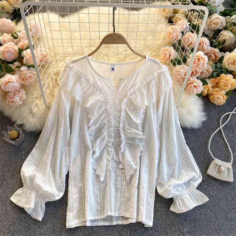 Spring Fashion Women Polka-dot Ruffled Long Sleeve Slim White Shirt Tops Lady Elegant Blusas Mujer De Moda Blouse R352 210527