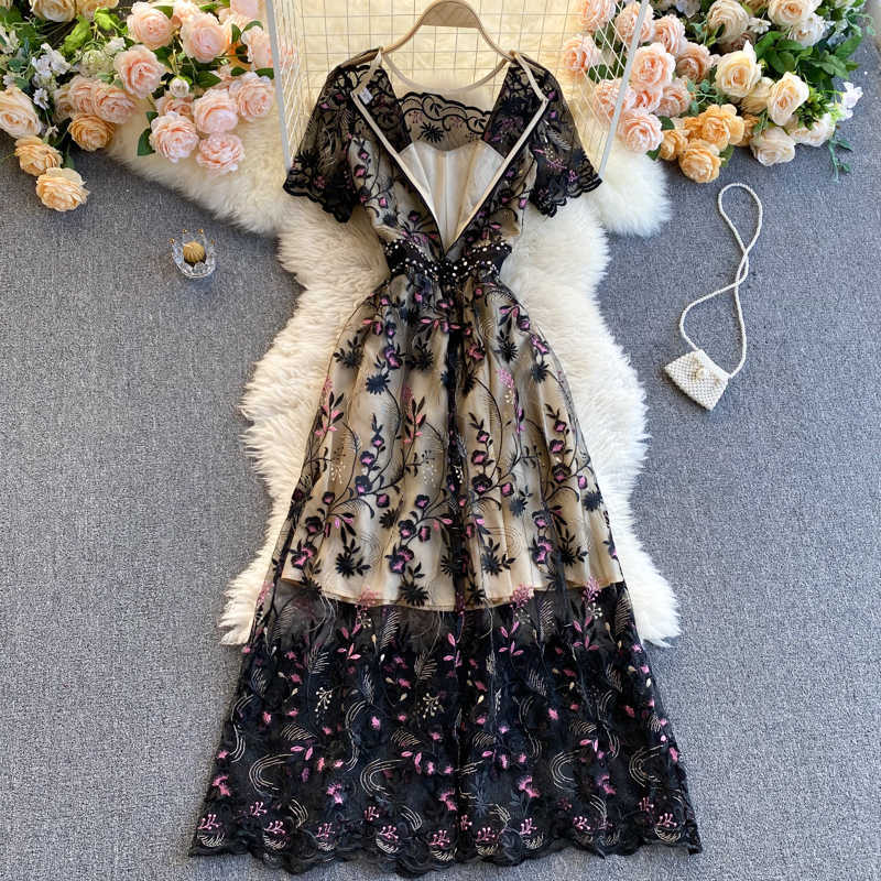 Feminine Spring Summer Round Neck Short Sleeve Gauze Hollow Hook Flower Slim Fitting A-line Elegant Dress Vestidos R223 210527