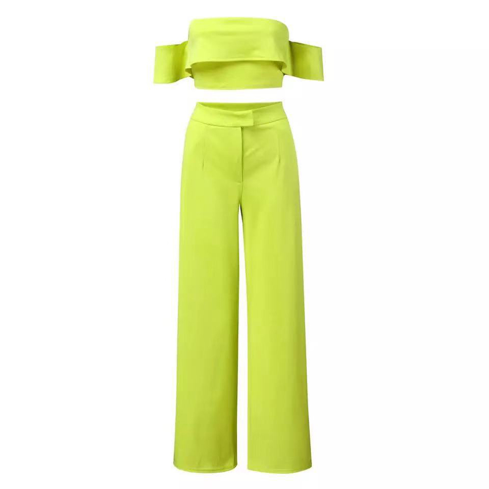 Arrival Women's Neon Sexy Off-Shoulder Tube Top and Wide Leg Pants 2 Piece Celebrity Party Set 210525