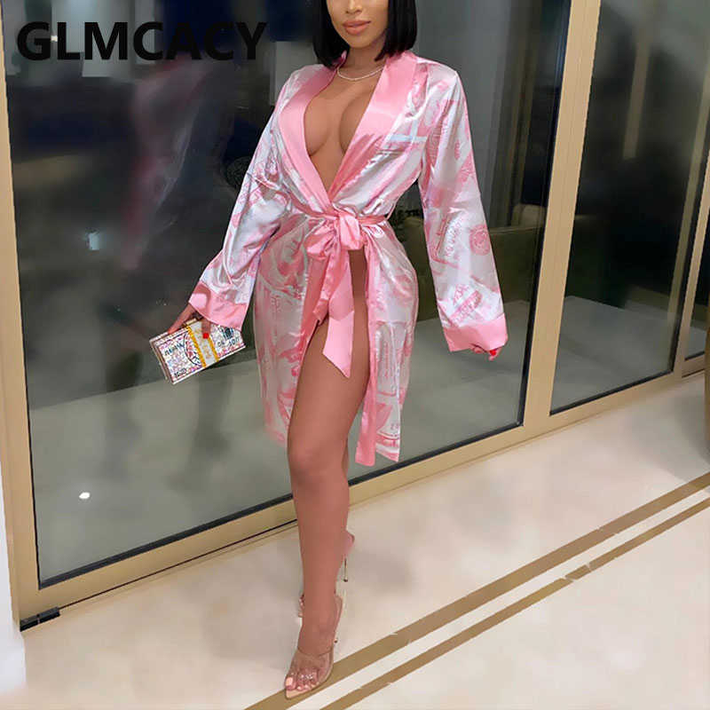 Women Open Stitch belted lounge dress USD Printed Loungewear Robes 210702