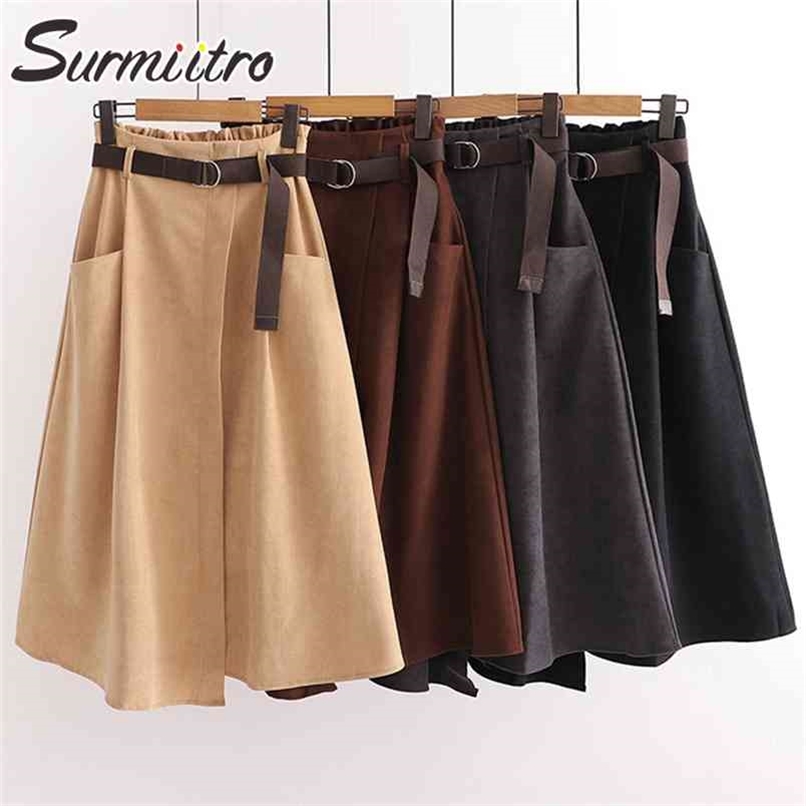 SURMIITRO Spring Autumn Women Korean Style Super Quality Black Female High Elastic Waist School Midi Skirt With Belt 210619