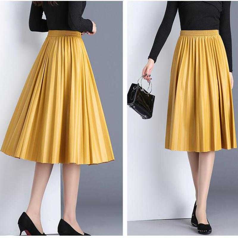 Neophil Ladies Black PU Fur Faux Leather Midi Skirt Thick Winter Pleated High Waist Vintage Mid-calf Women Longa Saia S2010 210619