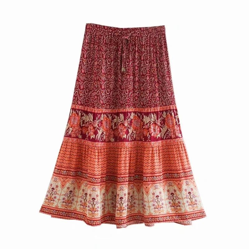 BOHO INSPIRED HARVEST GOLD boho skirt for women floral print skirt for summer casual beach skirt rayon holiday skirts womens new 210309